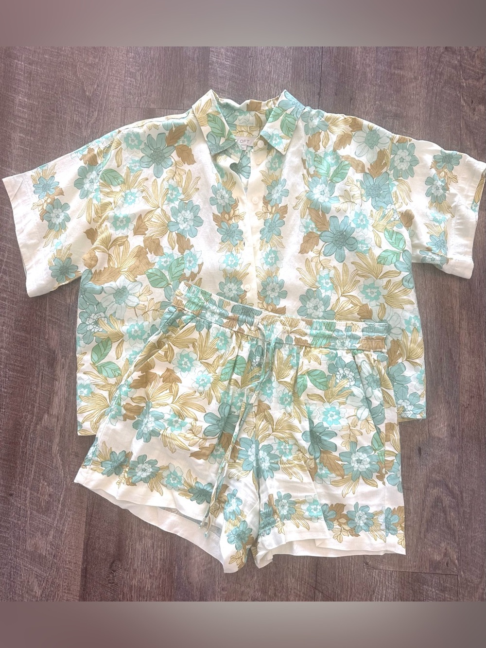 LOFT Womens Linen Short Set in Aqua & Tan